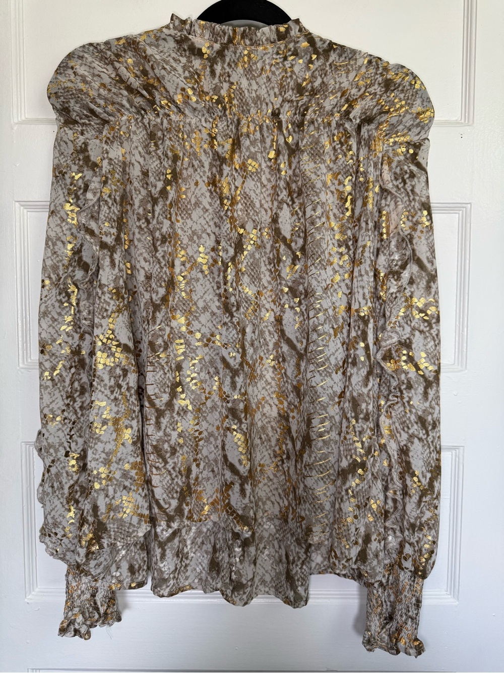 THML Metallic Gold Foil Mock Neck Snake-Print Blouse Ruffle Boutique Boho Glam M